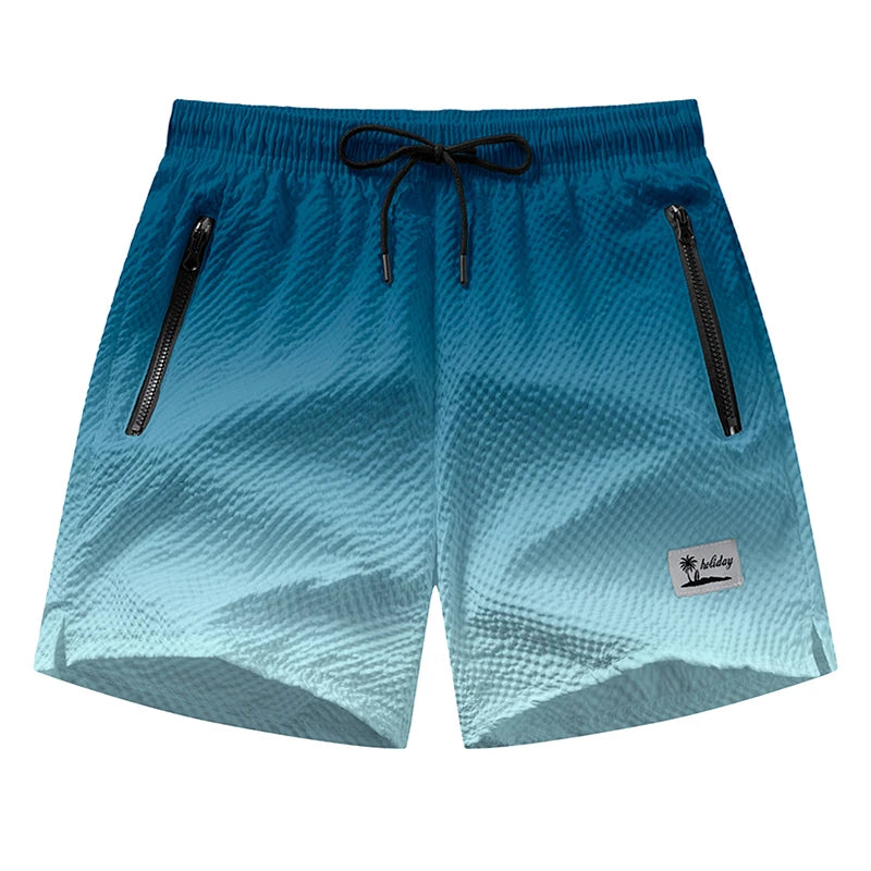 Men Swim Shorts Seersucker Quick Dry Mesh Lined Zipper Pockets
