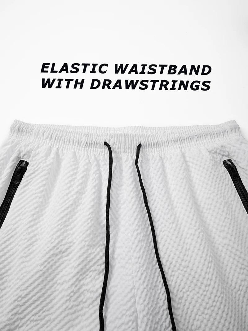 Men Swim Shorts Seersucker Quick Dry Mesh Lined Zipper Pockets
