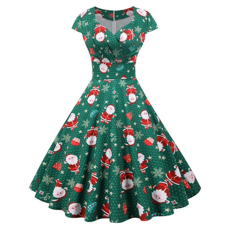 Christmas Party Dress Women Short Sleeve Vintage V Neck Swing