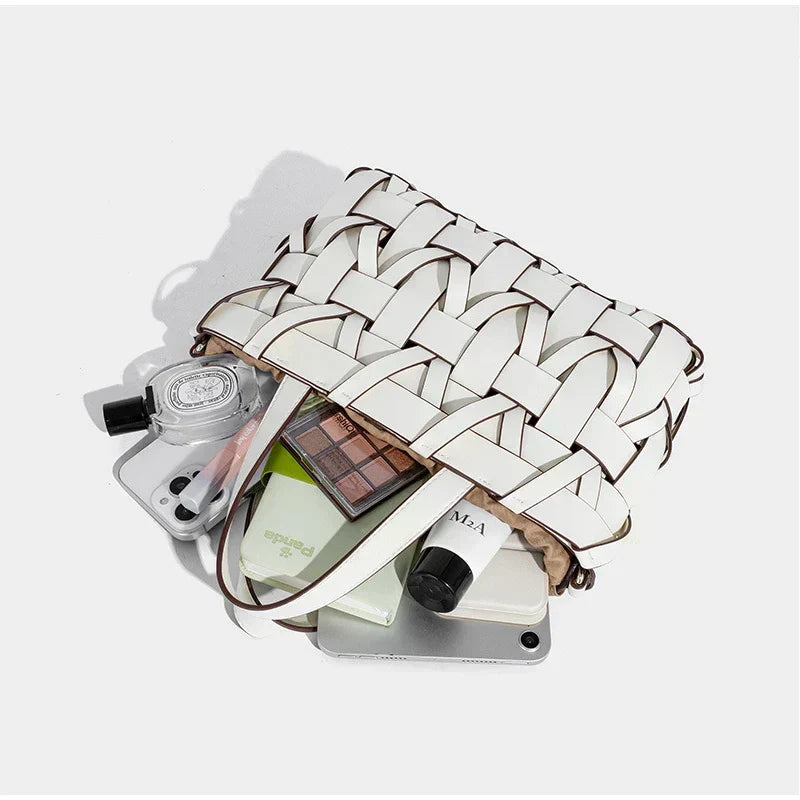Women handwoven crossbody handbag with top handle in vegan leather