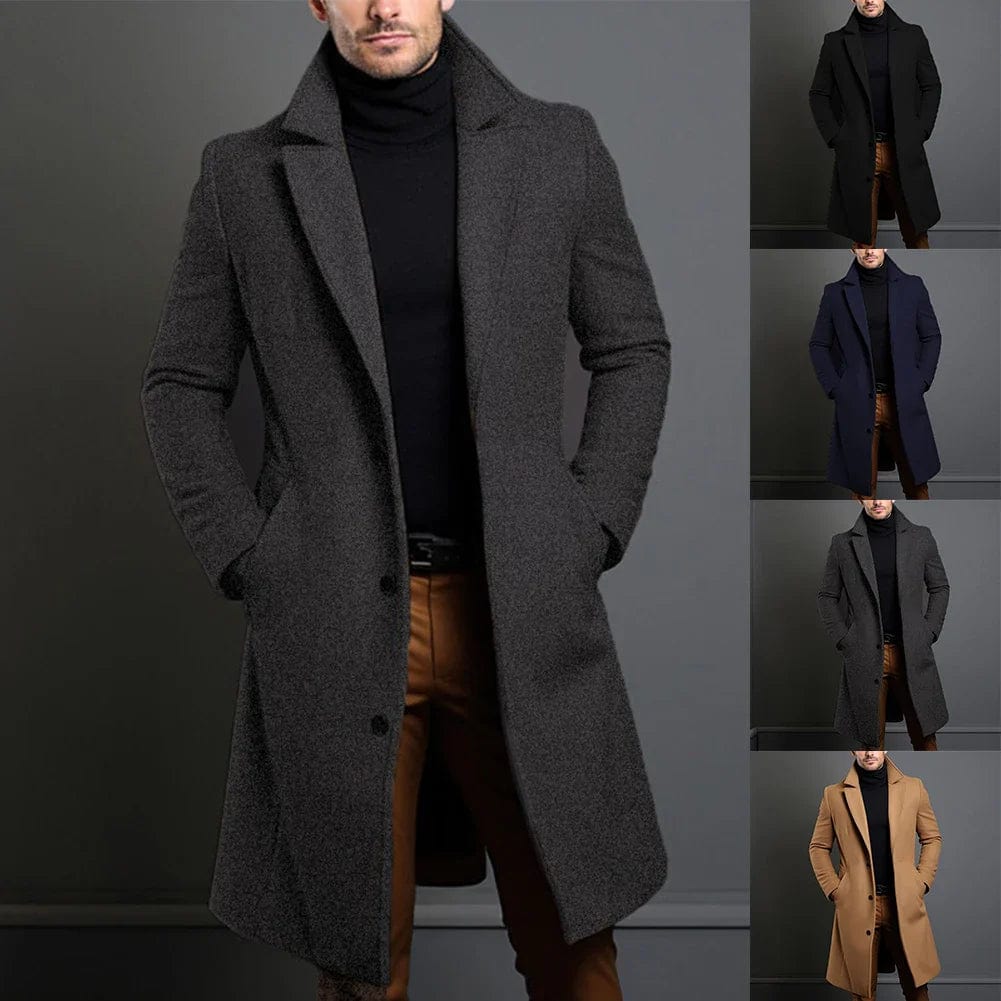 Men's long wool coat warm winter overcoat in dark grey, black, beige and dark blue