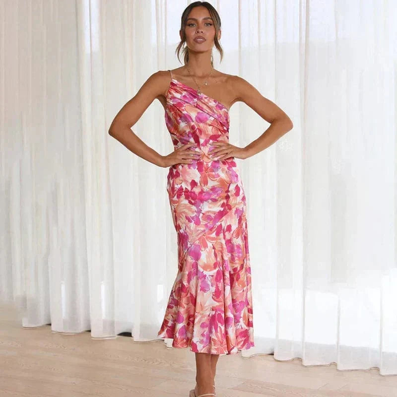 Floral midi dress one-shoulder asymmetric fitted pink summer dress