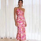 Floral midi dress one-shoulder asymmetric fitted pink summer dress