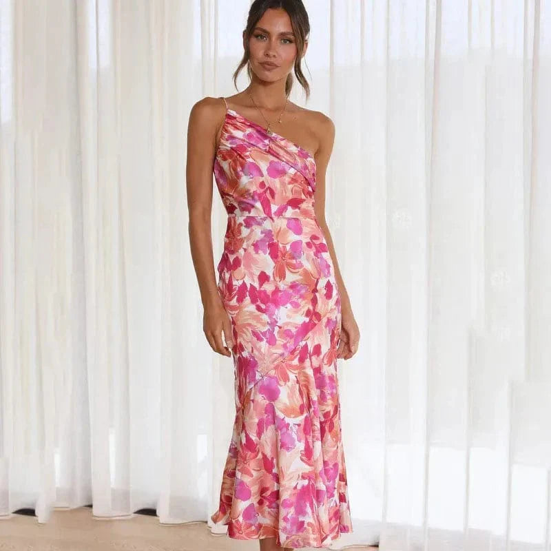 Floral midi dress one-shoulder asymmetric fitted pink summer dress