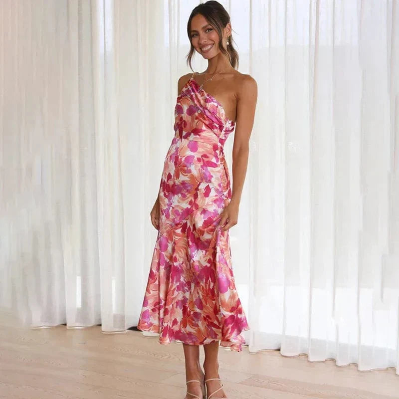 Floral midi dress one-shoulder asymmetric fitted pink summer dress