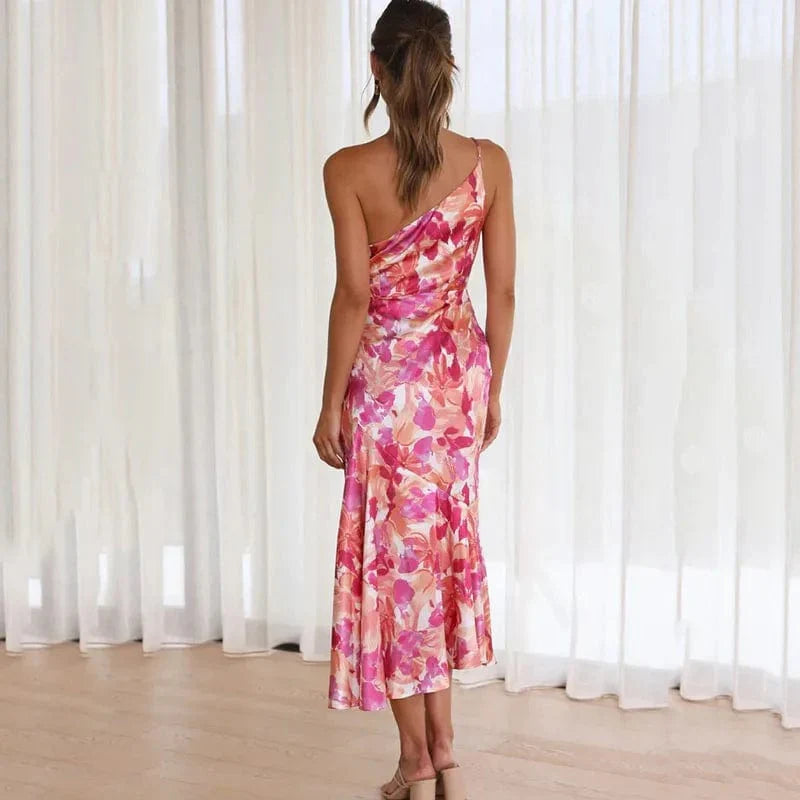 Floral midi dress one-shoulder asymmetric fitted pink summer dress