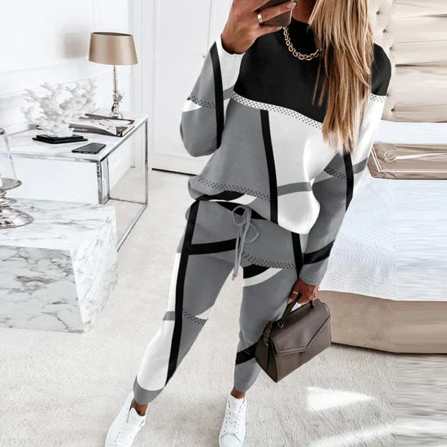 Women 2 piece lounge set O-neck sweater and wide leg drawstring pants
