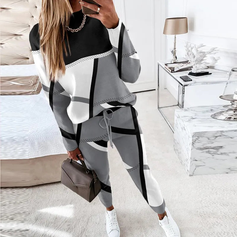 Women 2 piece lounge set O-neck sweater and wide leg drawstring pants