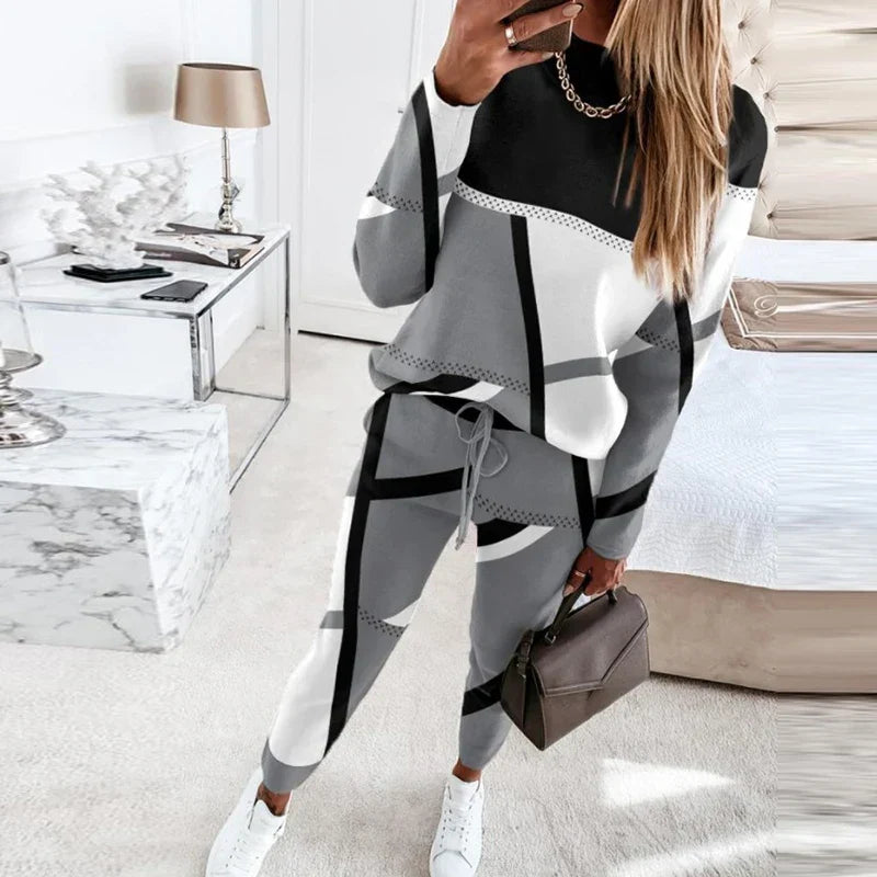 Women 2 piece lounge set O-neck sweater and wide leg drawstring pants
