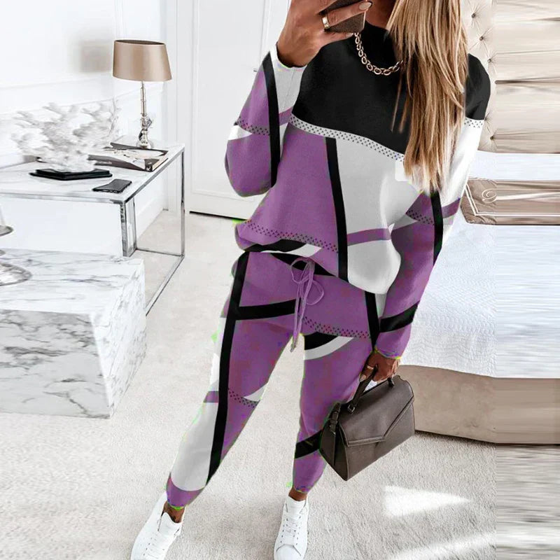 Women 2 piece lounge set O-neck sweater and wide leg drawstring pants