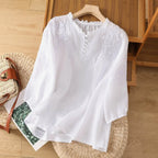 Women embroidered blouse relaxed fit with button detail round neckline short sleeves