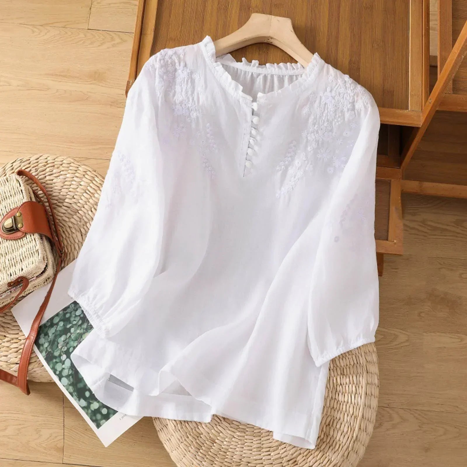 Women embroidered blouse relaxed fit with button detail round neckline short sleeves