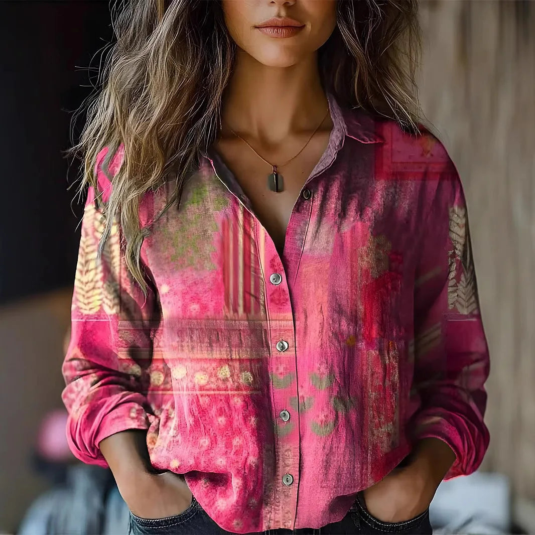Women boho print long sleeve button-up blouse with lapel collar and paisley floral pattern