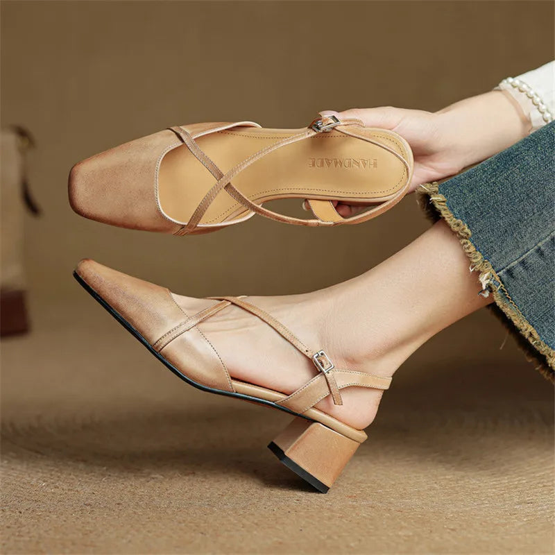 Women leather block heel pumps closed toe with adjustable buckle strap