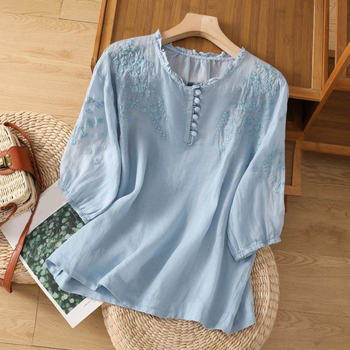 Women embroidered blouse relaxed fit with button detail round neckline short sleeves