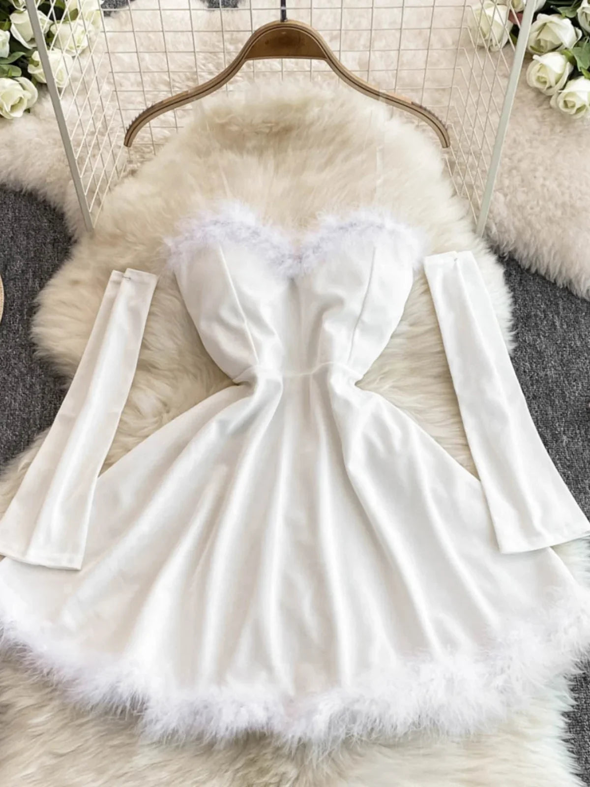 Christmas Party Dress Women Sexy Low Cut Feather Trim Sleeveless Mini