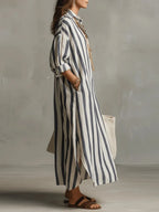 Women's striped linen maxi dress, oversized shirt style with roll-tab sleeves and deep side pockets