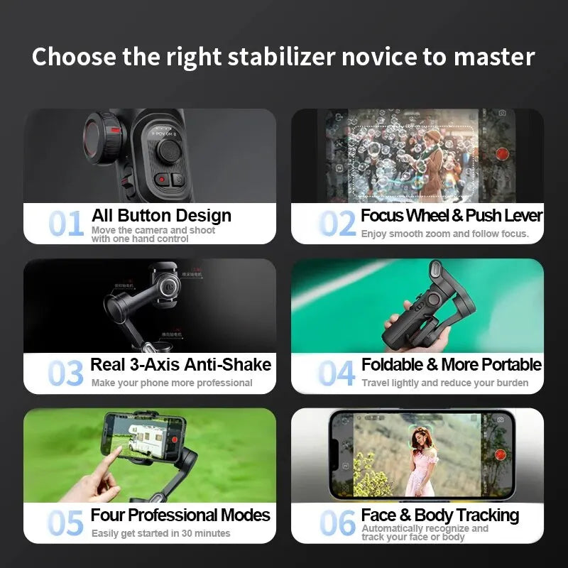 Smartphone gimbal stabilizer 3-axis with AI tracking and face detection, black