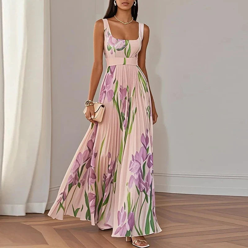 Floral maxi dress with square neckline and pleated skirt, wedding guest style