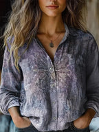 Women boho print long sleeve button-up blouse with lapel collar and paisley floral pattern