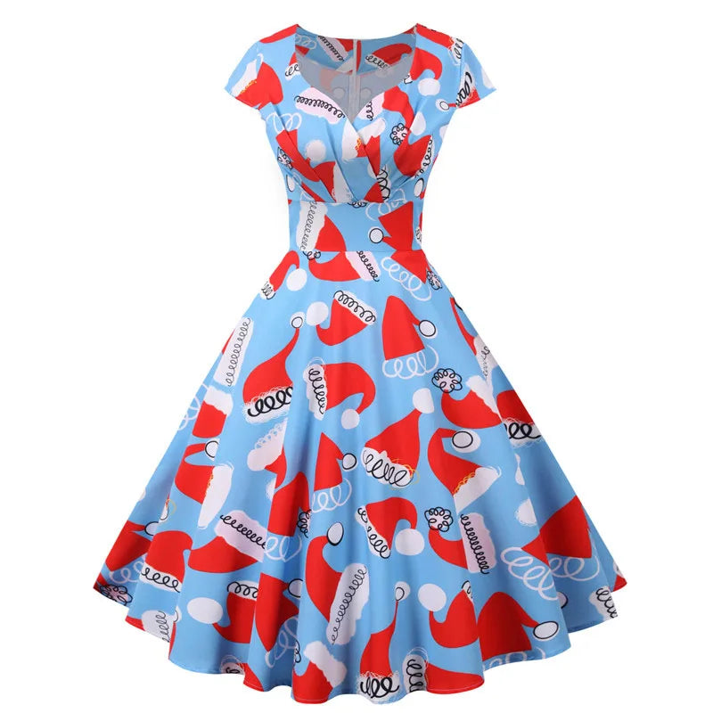 Christmas Party Dress Women Short Sleeve Vintage V Neck Swing