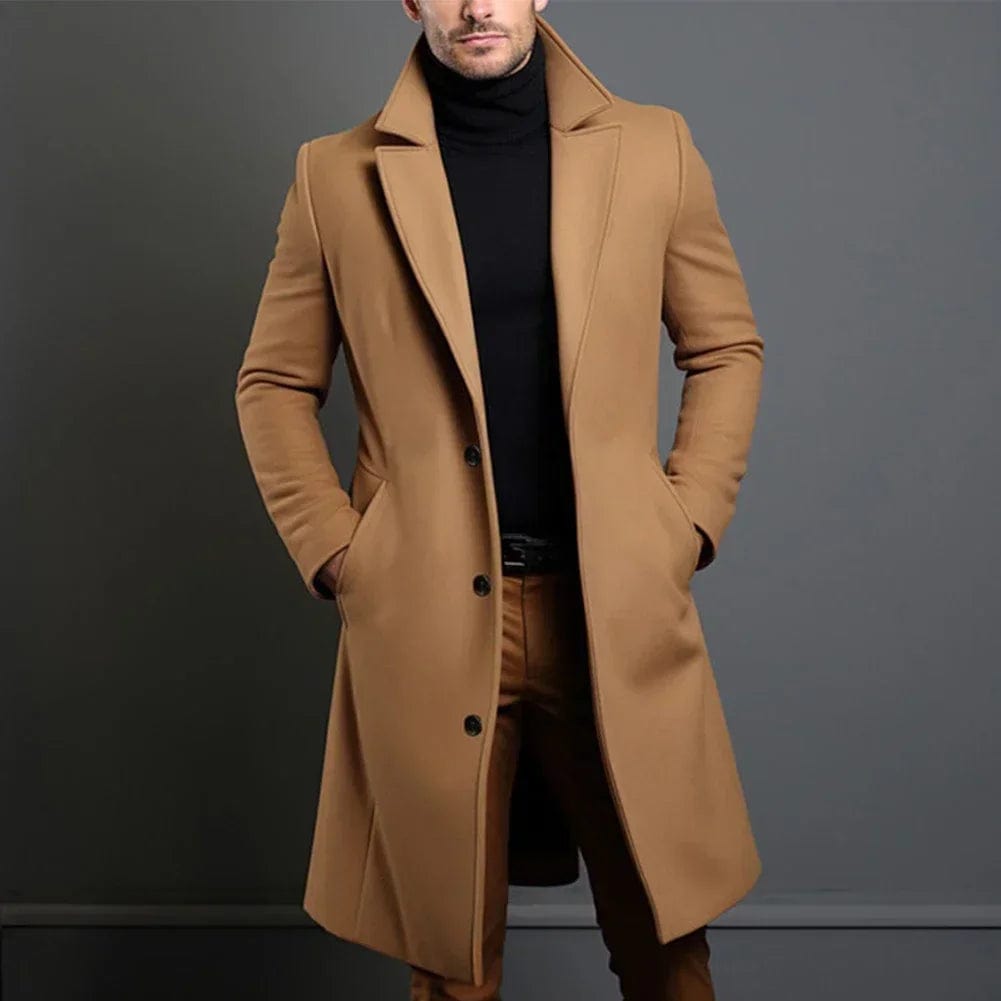 Men's long wool coat warm winter overcoat in dark grey, black, beige and dark blue
