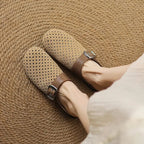 Women suede leather clogs with adjustable buckle strap in brown and beige
