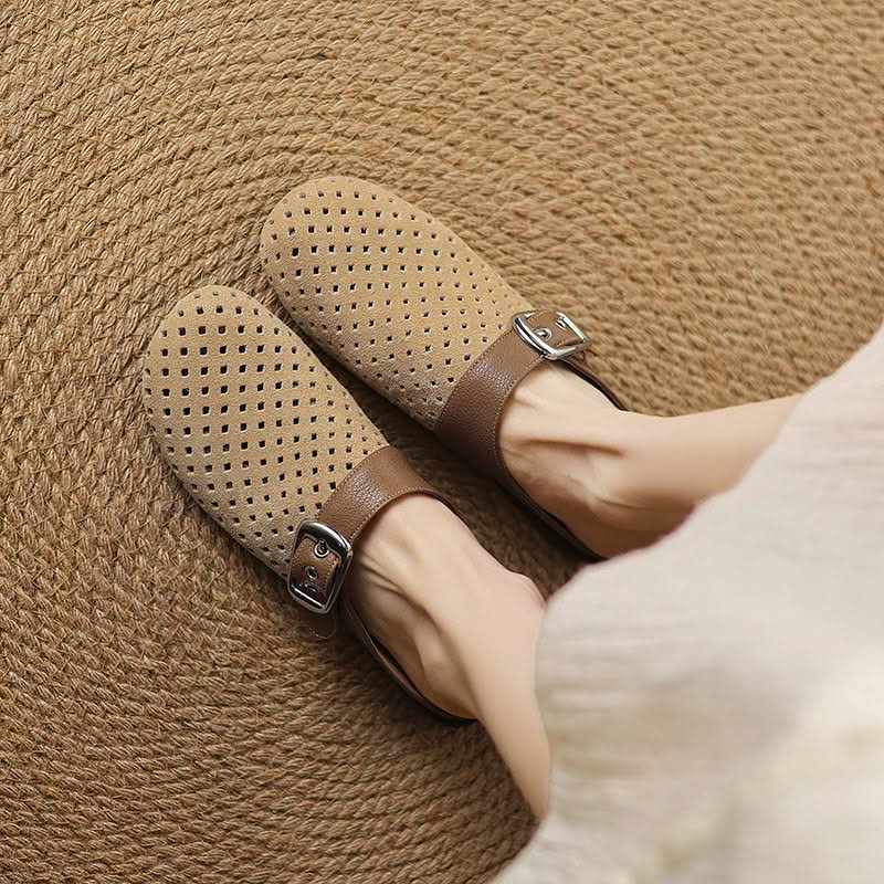 Women suede leather clogs with adjustable buckle strap in brown and beige
