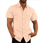 Linen Shirt Men Short Sleeve Casual Plus Size Solid Turn Down Collar