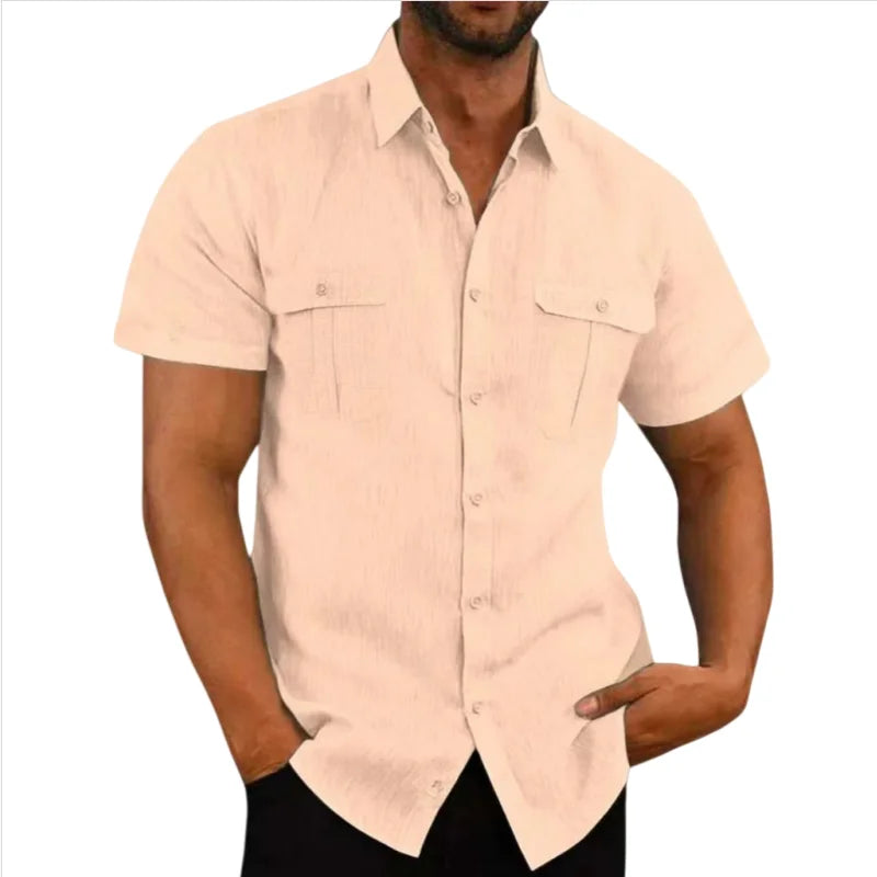 Linen Shirt Men Short Sleeve Casual Plus Size Solid Turn Down Collar