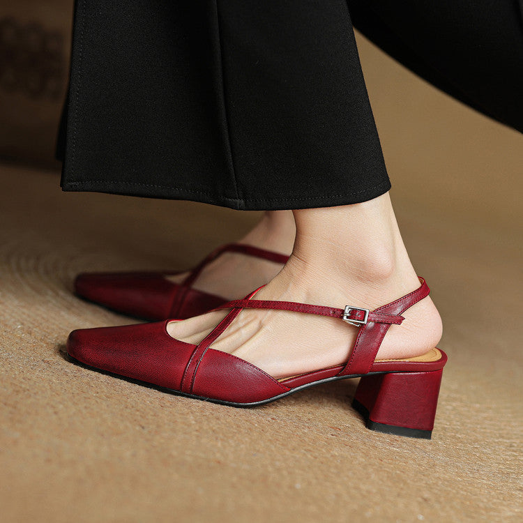 Women leather block heel pumps closed toe with adjustable buckle strap