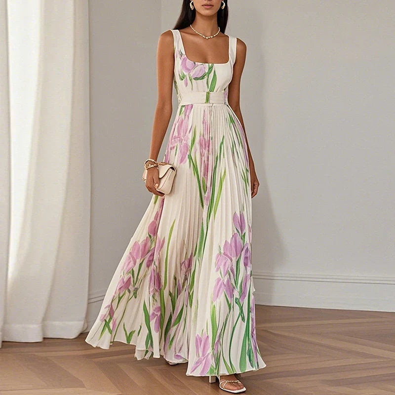 Floral maxi dress with square neckline and pleated skirt, wedding guest style