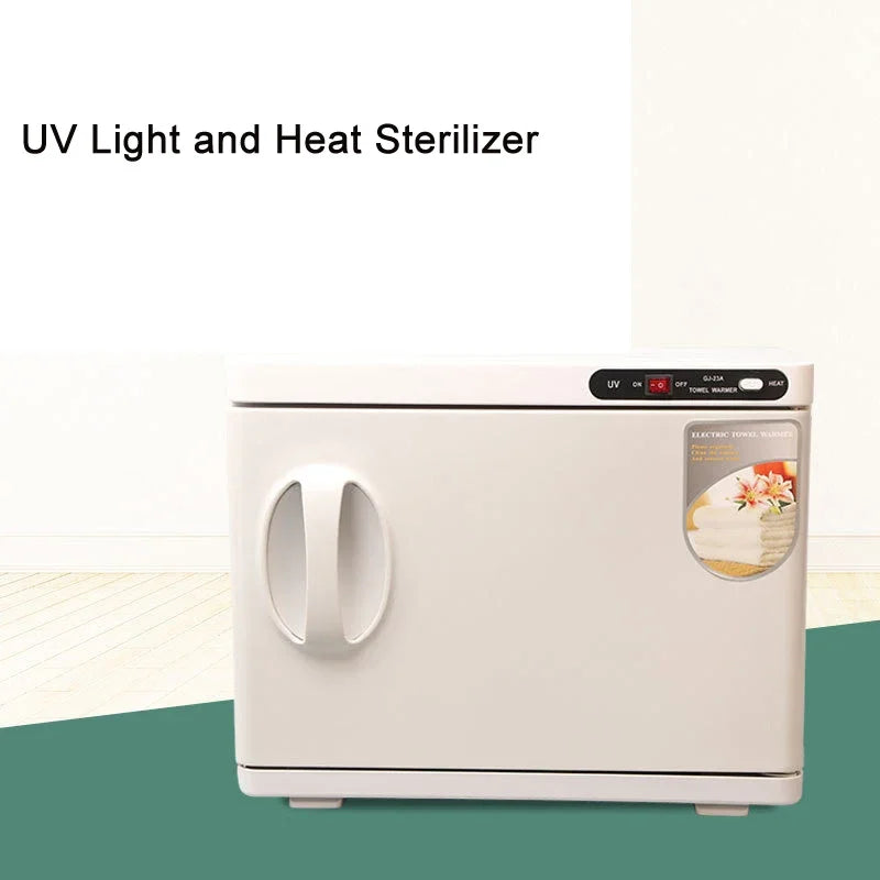 UV sterilizer dryer 23L white cabinet with stainless steel racks for towels and bottles