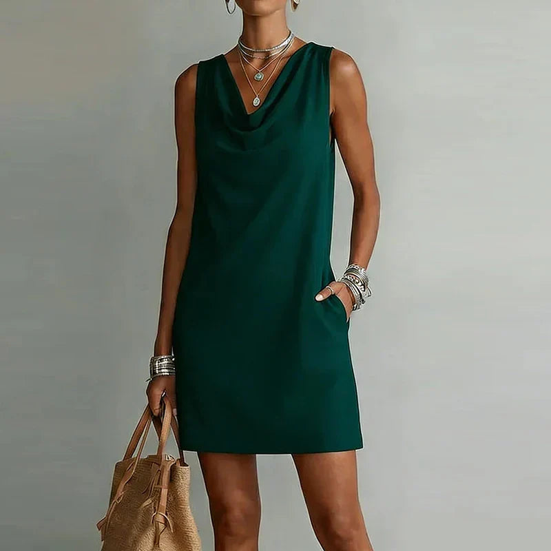 Women's mini dress cowl neck sleeveless A-line silhouette with side pockets