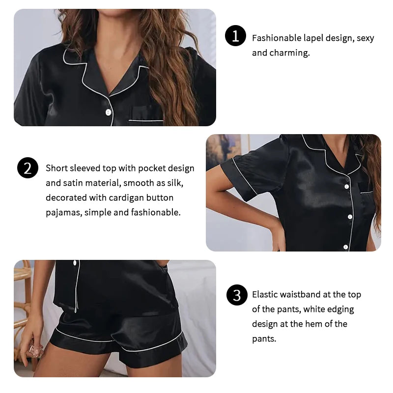 Satin Pajamas Women Short Sleeve Top Shorts 2 Piece Matching Set