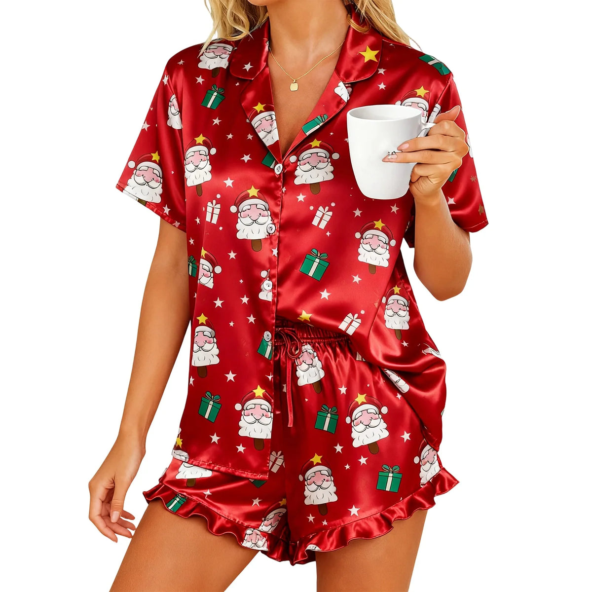 Christmas Pajamas Women 2 Piece Set Santa Print Short Sleeve