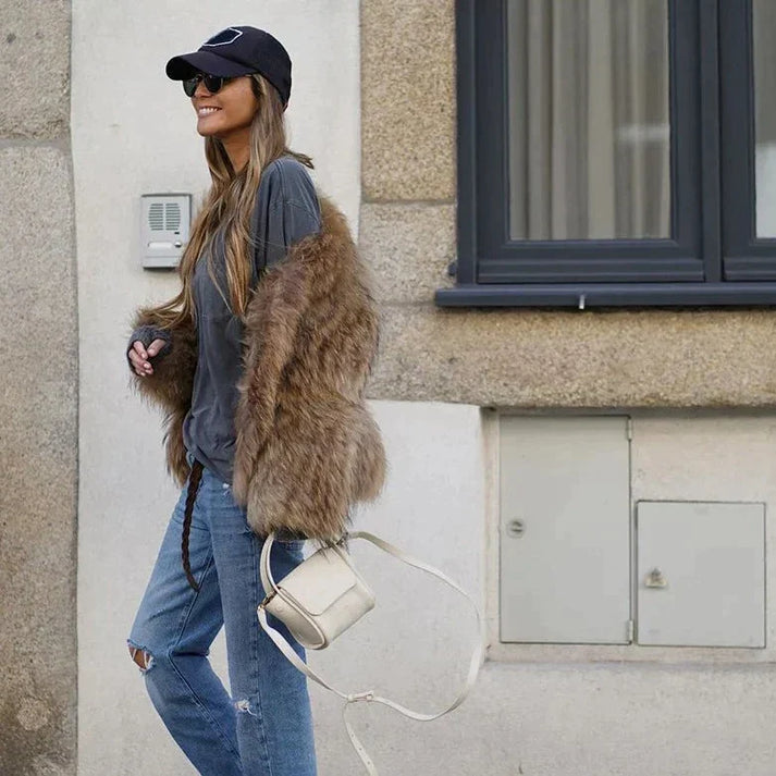 Women's faux fur coat brown plush winter fashion coat