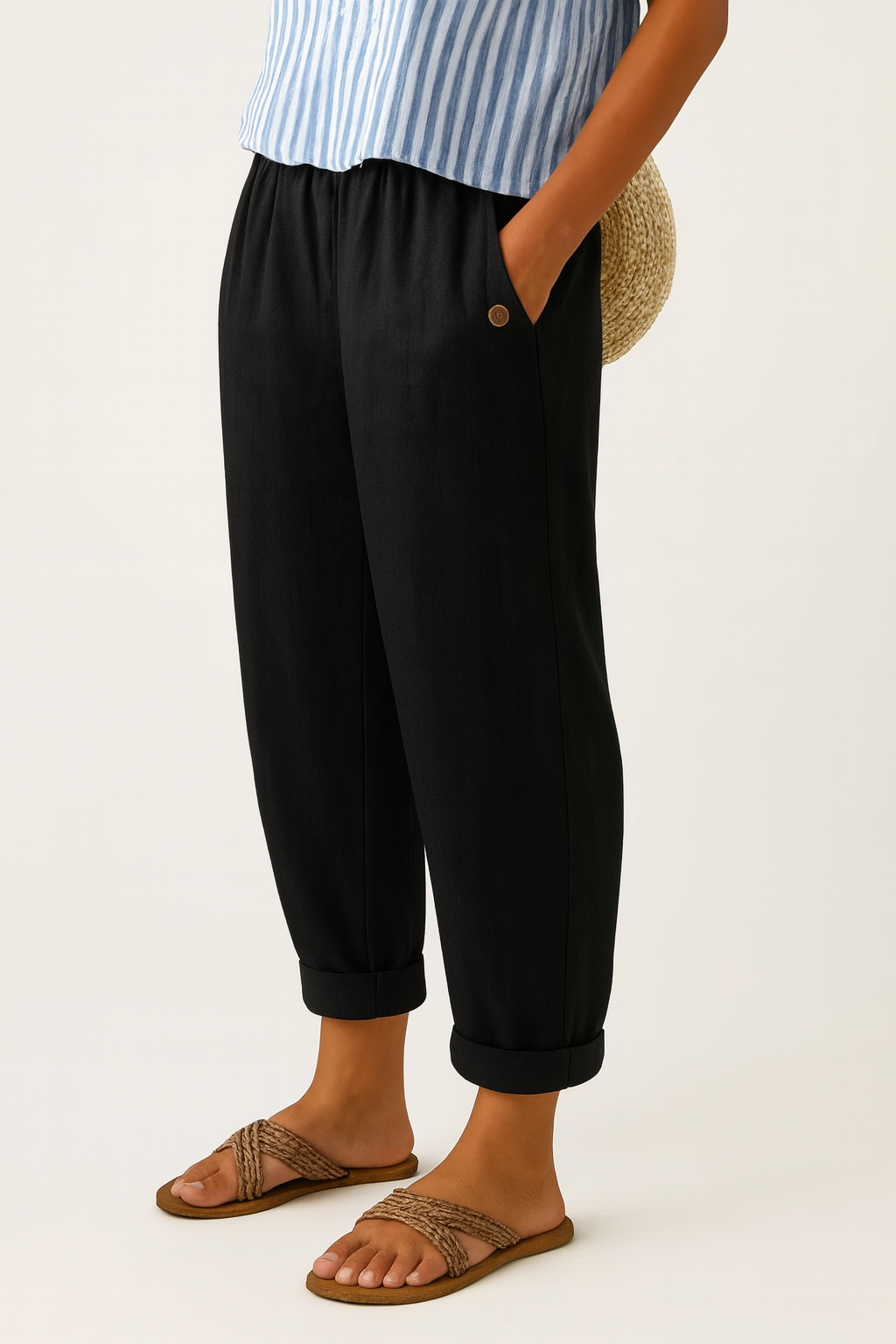 Women cotton blend straight leg trousers relaxed fit elastic waist