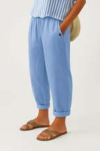 Women cotton blend straight leg trousers relaxed fit elastic waist