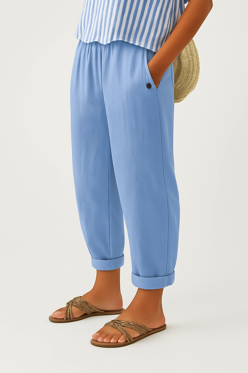 Women cotton blend straight leg trousers relaxed fit elastic waist