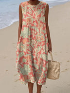 Floral Dress Women Midi Sleeveless Round Neck Relaxed Fit Print