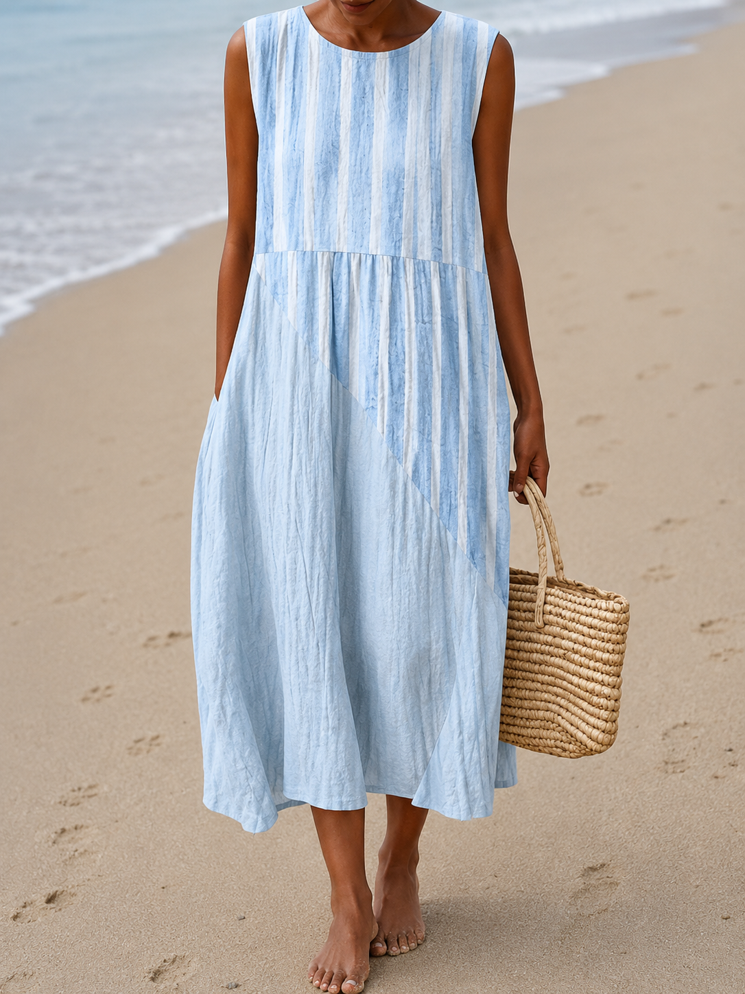 Floral Dress Women Midi Sleeveless Round Neck Relaxed Fit Print