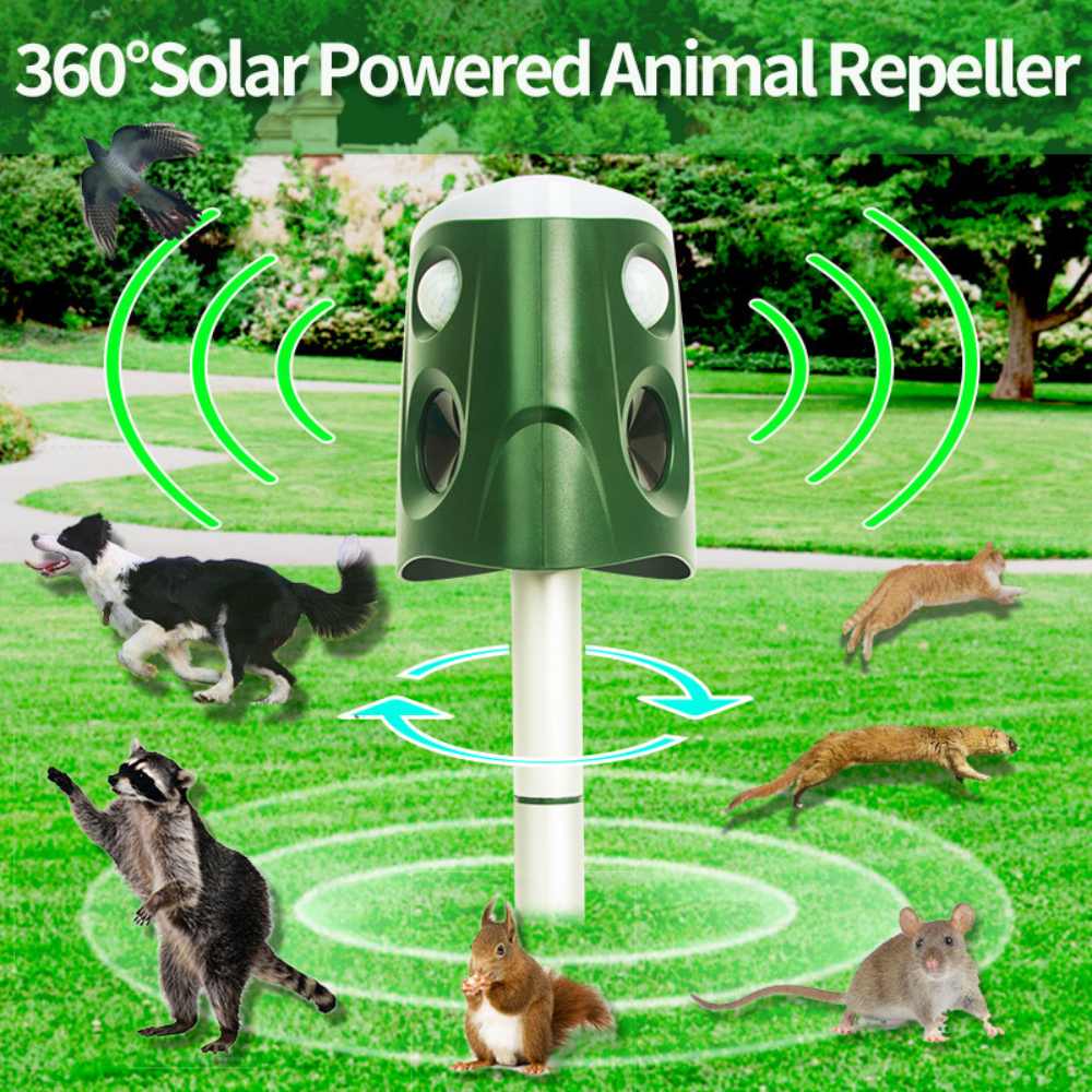 360° ultrasonic animal repellent solar powered, cat fox rat deterrent garden