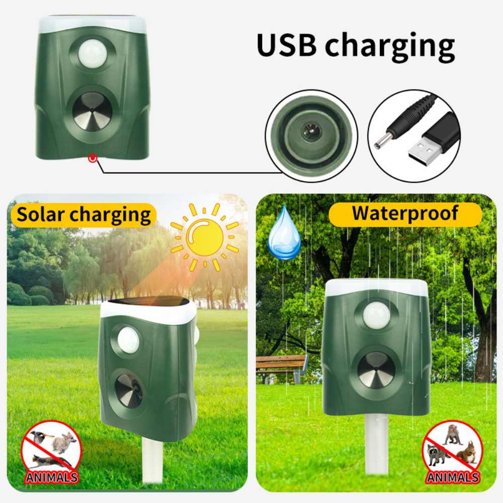 360° ultrasonic animal repellent solar powered, cat fox rat deterrent garden