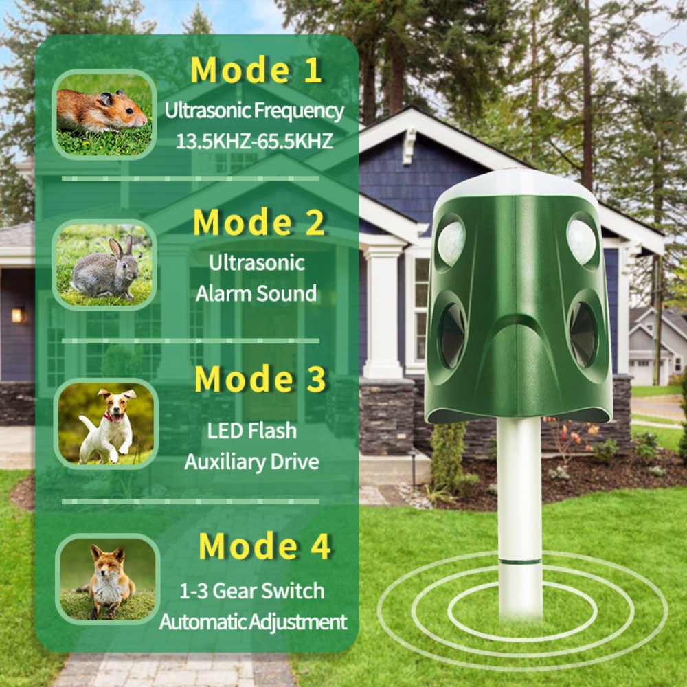 360° ultrasonic animal repellent solar powered, cat fox rat deterrent garden