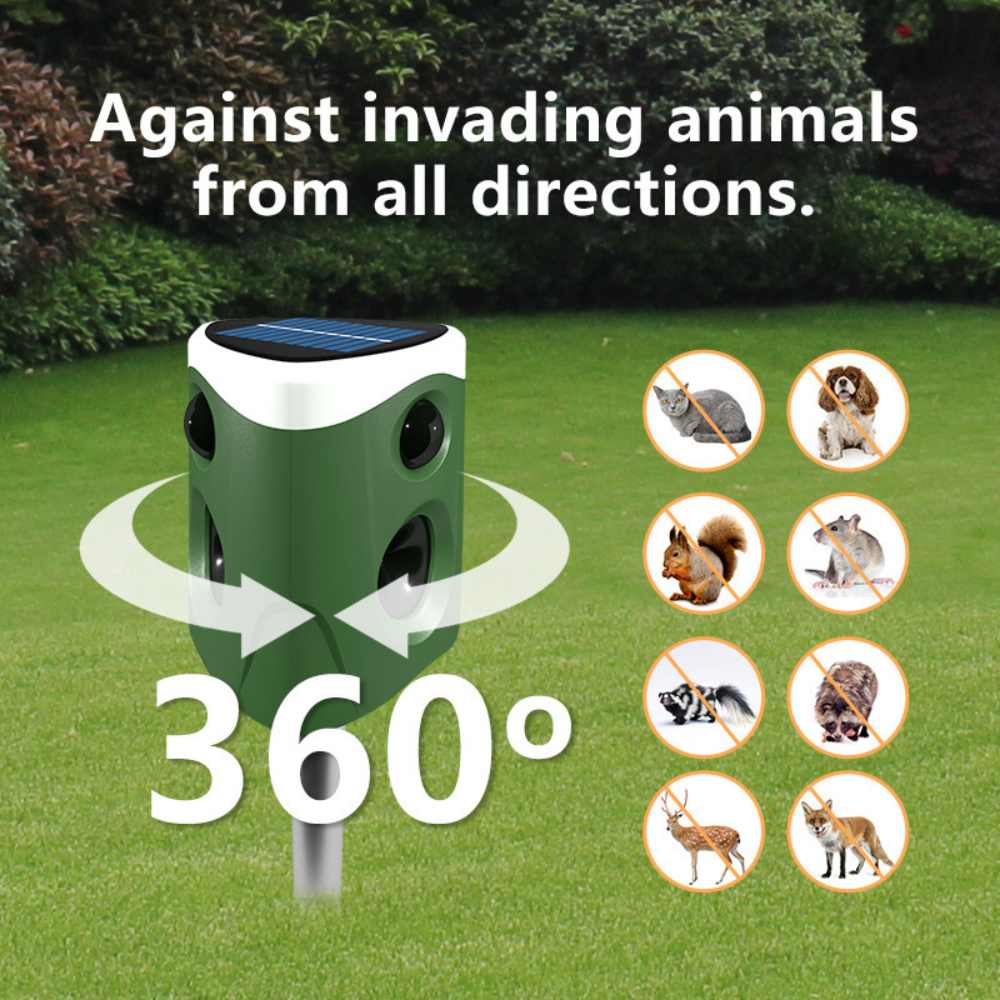 360° ultrasonic animal repellent solar powered, cat fox rat deterrent garden