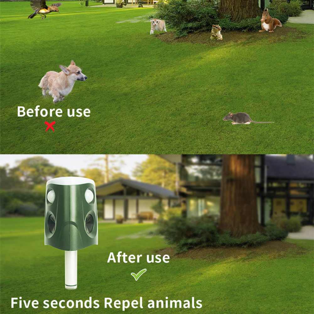 360° ultrasonic animal repellent solar powered, cat fox rat deterrent garden