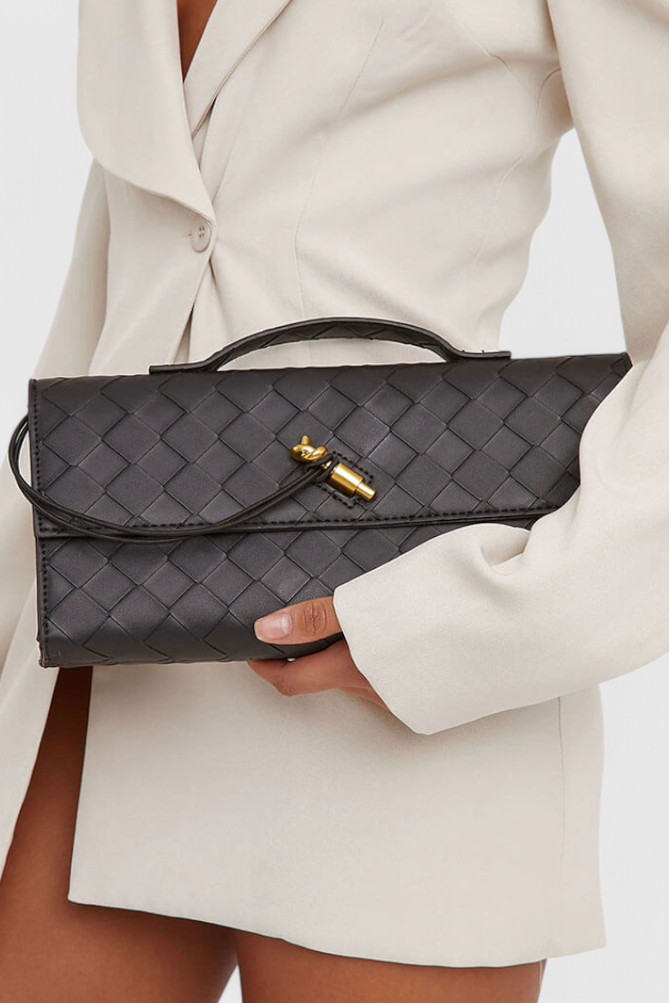 Women vegan leather baguette clutch bag with gold knot hardware and crossbody strap