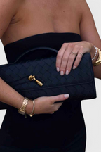 Women vegan leather baguette clutch bag with gold knot hardware and crossbody strap