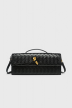 Women vegan leather baguette clutch bag with gold knot hardware and crossbody strap